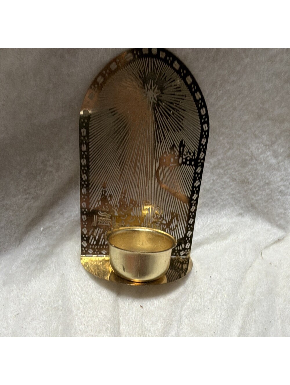 Gold Tone Metal Nativity Scene Cut-Out Arch Tea Light Candle Holder, Christmas